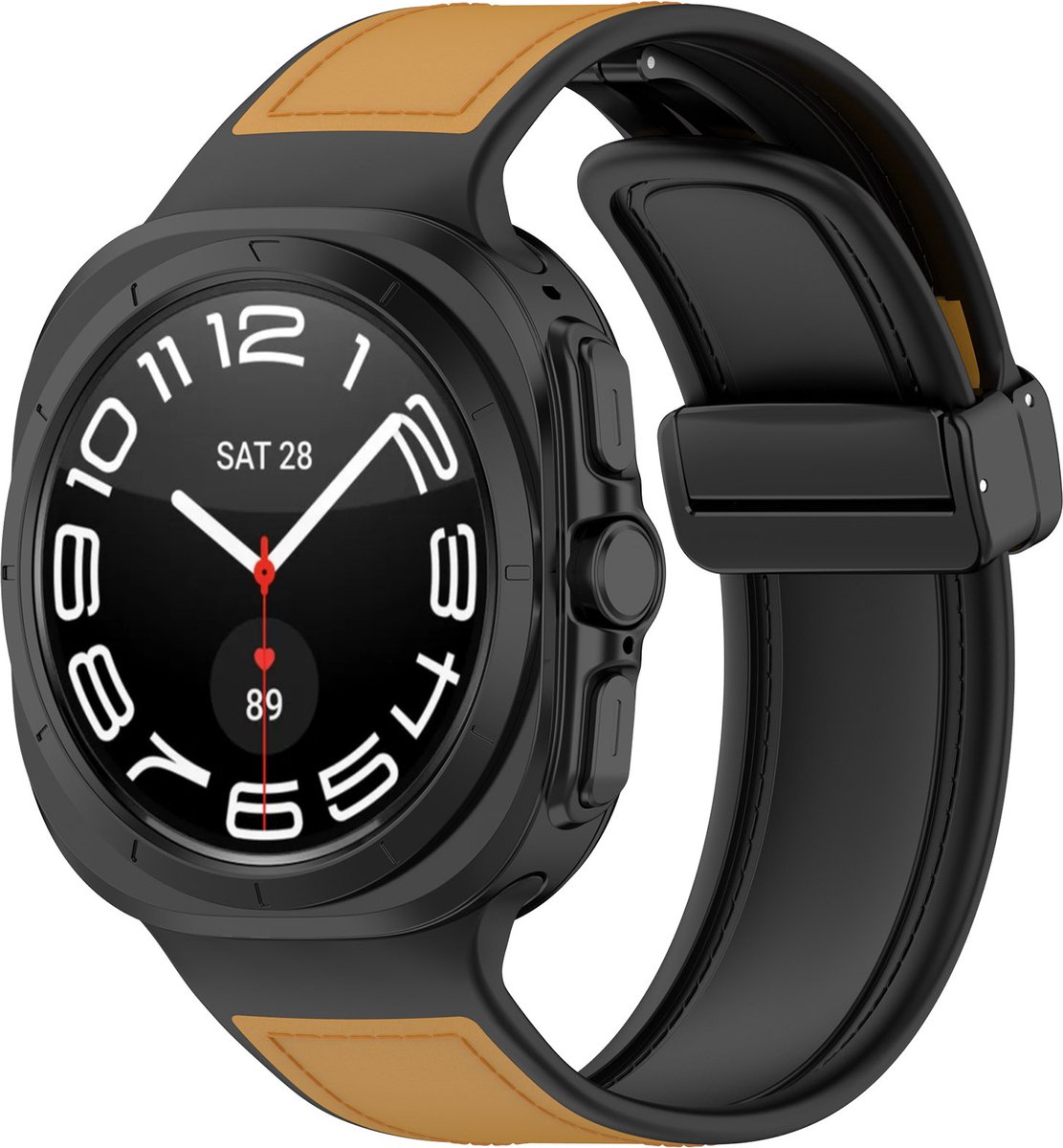 Strap-it Leren / siliconen hybrid bandje met magnetische D-buckle sluiting - geschikt voor Samsung Galaxy Watch Ultra / Ultra 2025 (lichtbruin)