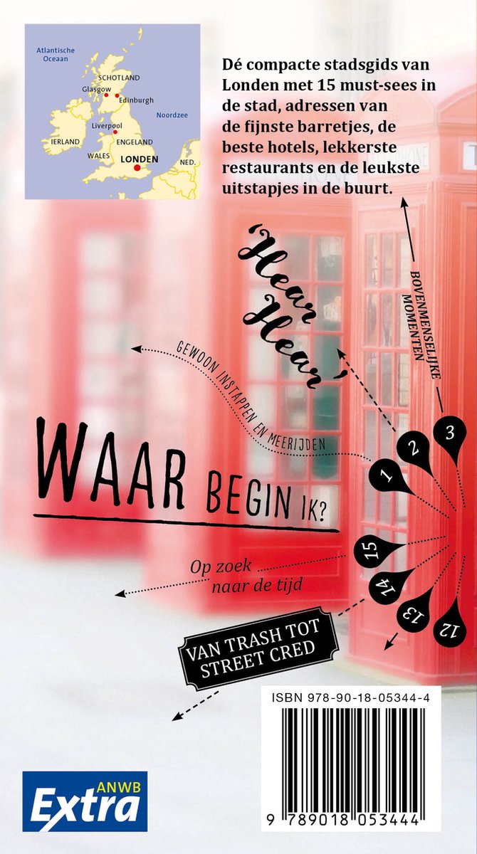 Couverture de livre avec une cabine téléphonique rouge et une carte de Londres. Texte : Le guide de ville compact de Londres, Par où commencer ?