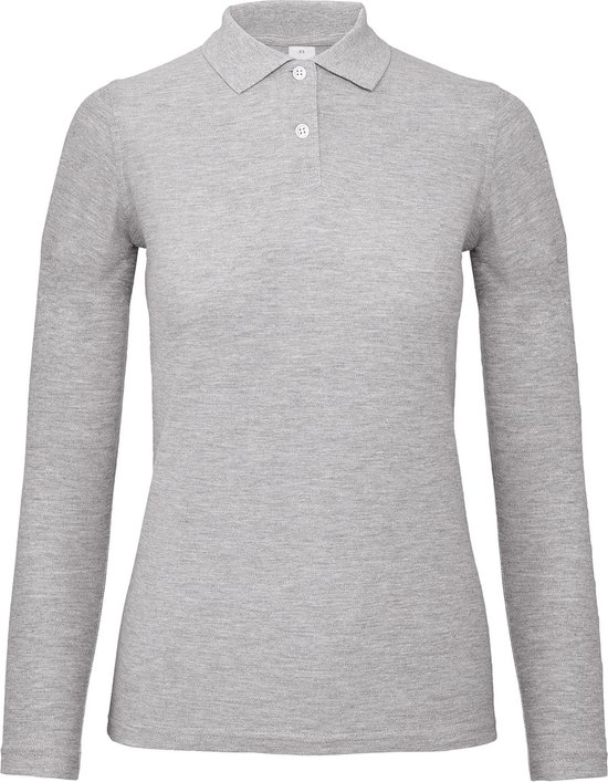 Grijze dames polo met lange mouwen en knoopjes bij de kraag, zichtbaar vanaf de voorkant.