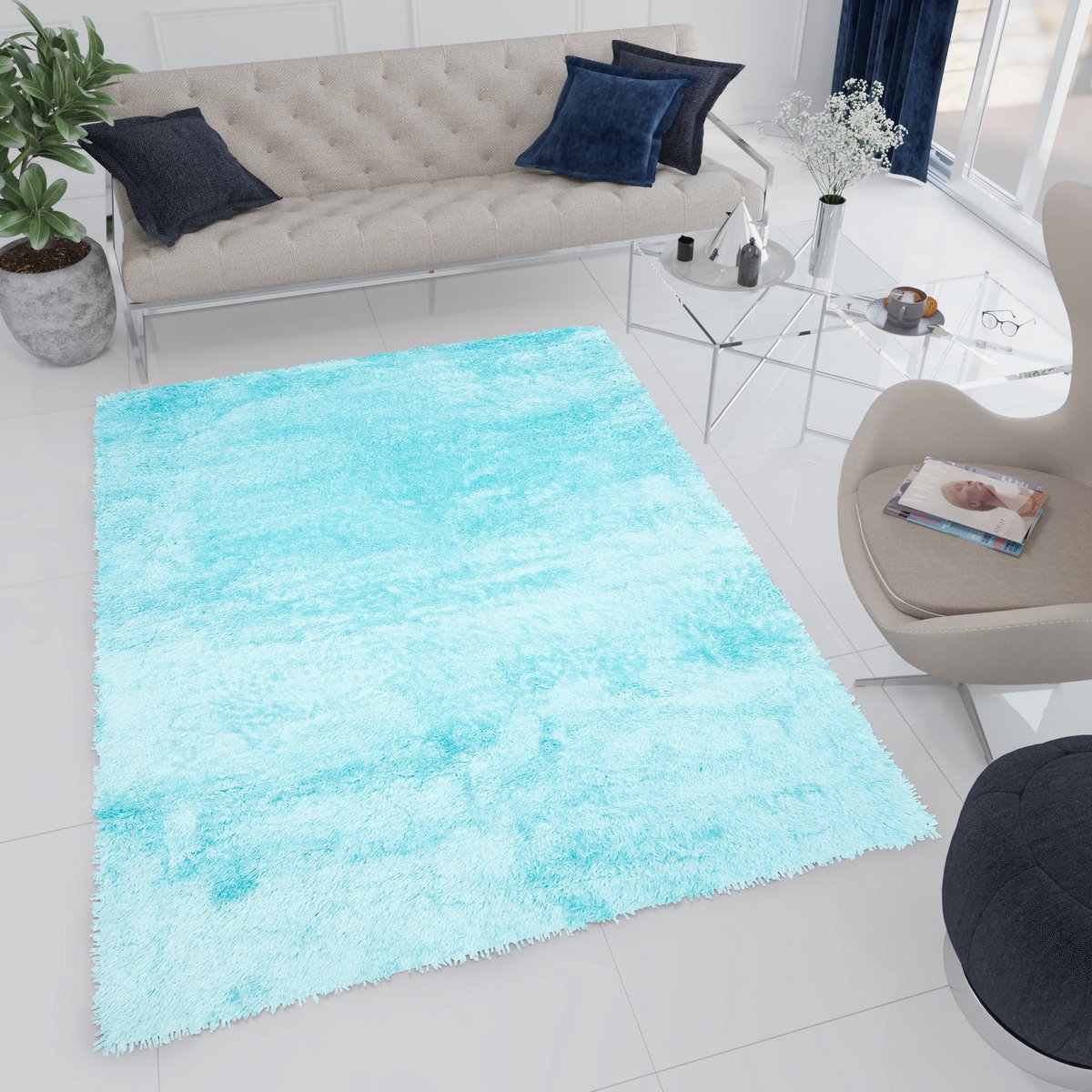 Tapiso Bird Hoogpolig Vloerkleed Woonkamer Blauw Shaggy Tapijt Maat- 200x290