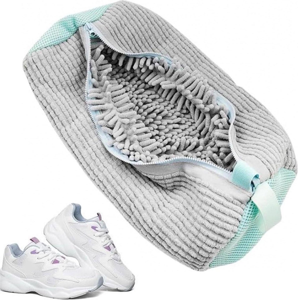 Goedkoopste Schoenenzak met grove borstel - Verdikte en klitvrije waszak - Machinewas - Ritssluiting - Grijs