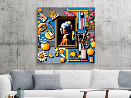 Pop art vermeer schilderij | Vibrant Vermeer: A Contemporary Twist on Classic Pop Art | Kunst - 40x40 centimeter op Dibond | Foto op Dibond