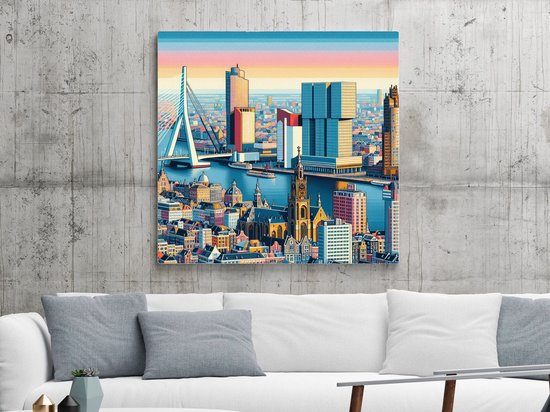 Acryl rotterdam schilderij | Rotterdamse skyline getransformeerd tot explosie van kleur en vormen | Kunst - 60x60 centimeter op Dibond | Foto op Dibond