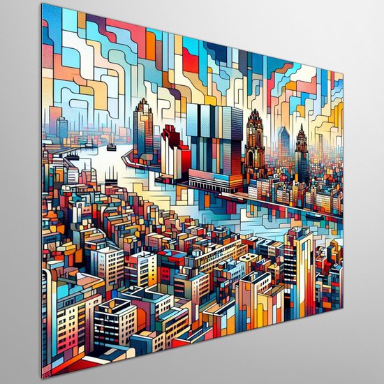 Abstract rotterdam schilderij | Rotterdamse skyline weerspiegeld in abstracte en dynamische kunstvorm | Kunst - 20x20 centimeter op Dibond | Foto op Dibond