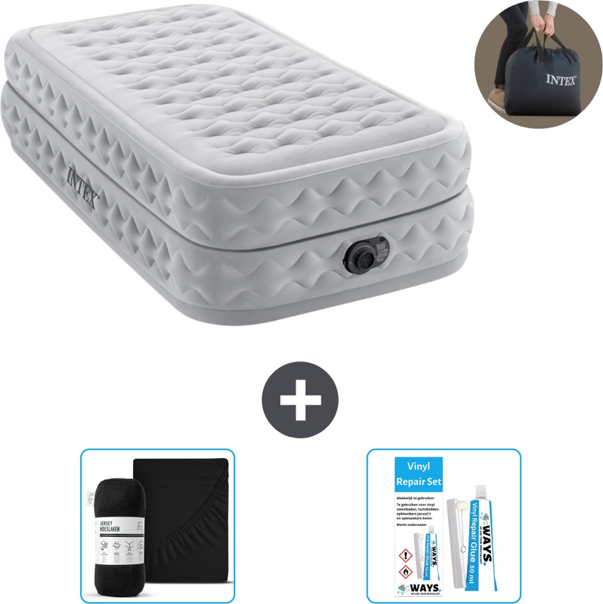 Intex Luchtbed - 1-Persoons - 99 x 191 x 51 cm - Grijs - Met ingebouwde pomp + Hoeslaken Zwart + Reparatieset