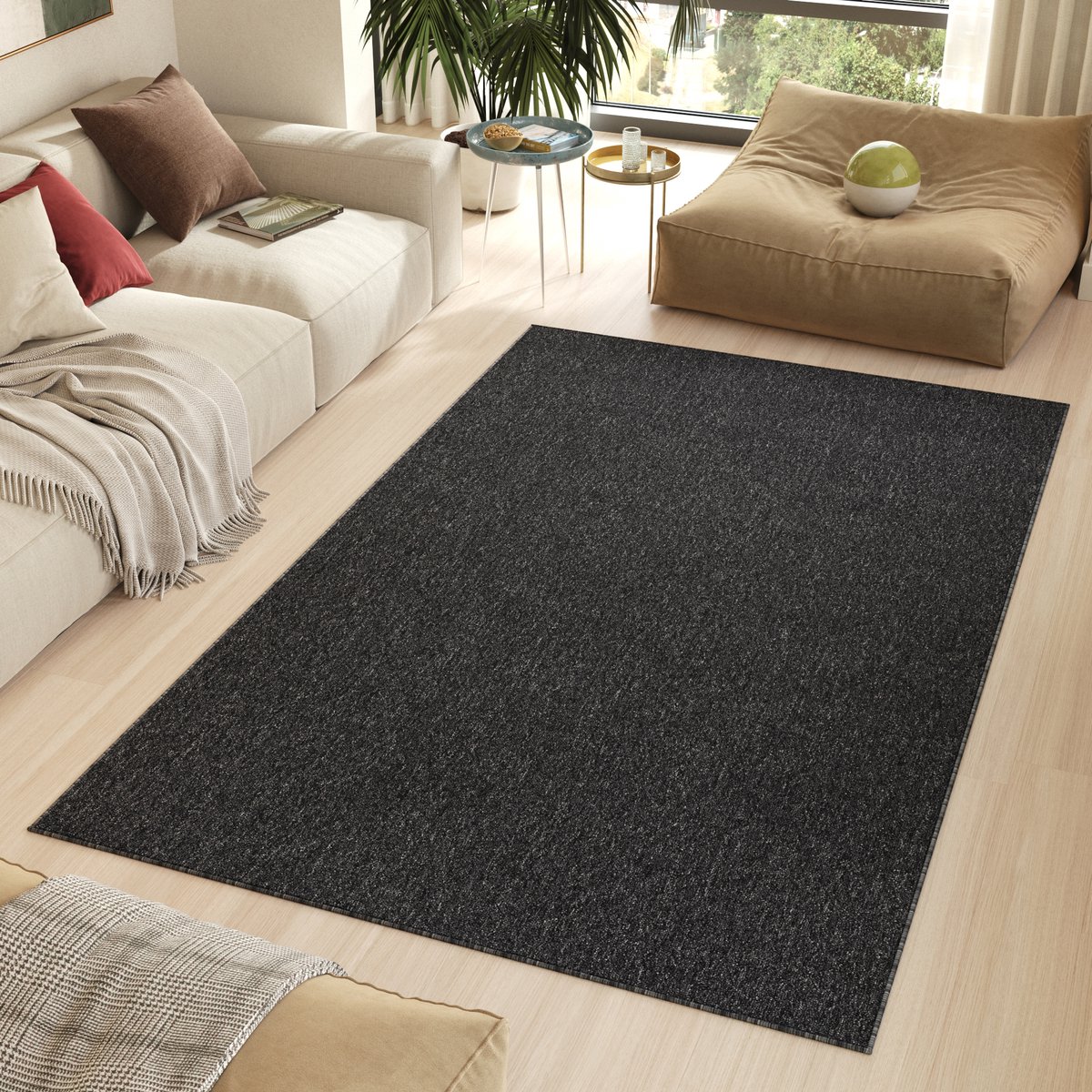 Tapiso Nizza Vloerkleed Zwart Laagpolig Antislip Waasbaar Tapijt Maat- 140x200