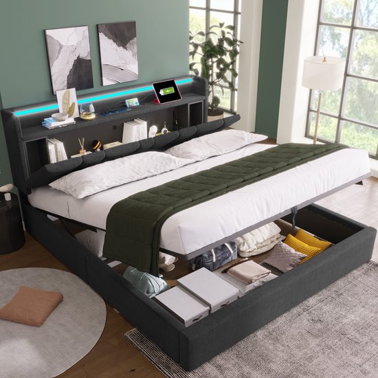 Gestoffeerd bed opbergruimte tweepersoonsbed LED App Control bed opladen USB Type C oplaadfunctie, opbergruimte en verstelbaar hoofdeinde, lattenbodem van hout, grijs (zonder matras) (160 x 200 cm