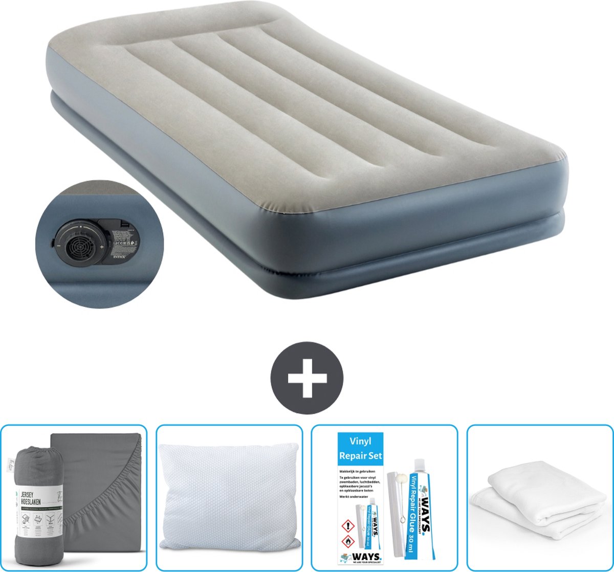 Intex Luchtbed - 1-Persoons - 99 x 191x 30 cm - Grijs - Inclusief pomp - Hoeslaken - Kussen - Kussenbeschermer en Reparatieset
