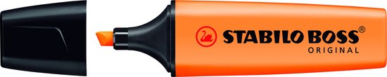 Een close-up van een oranje Stabilo Boss markeerstift met de dop ernaast.