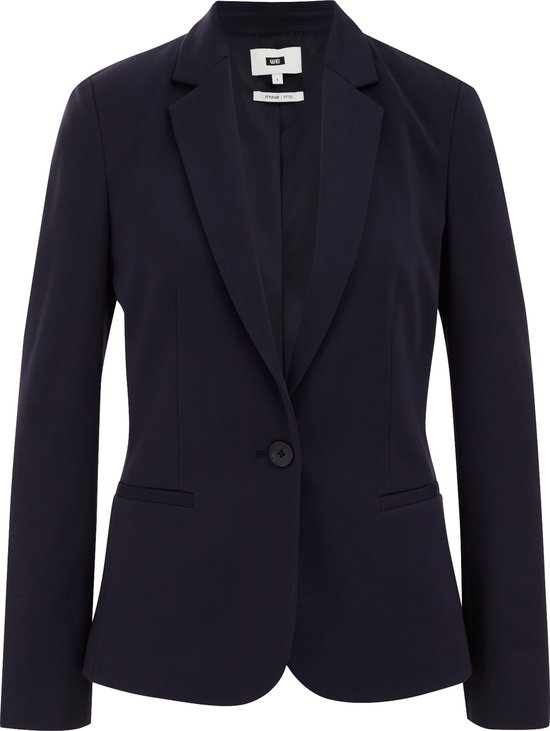 Donkerblauwe getailleerde jersey stretch blazer met één knoop.