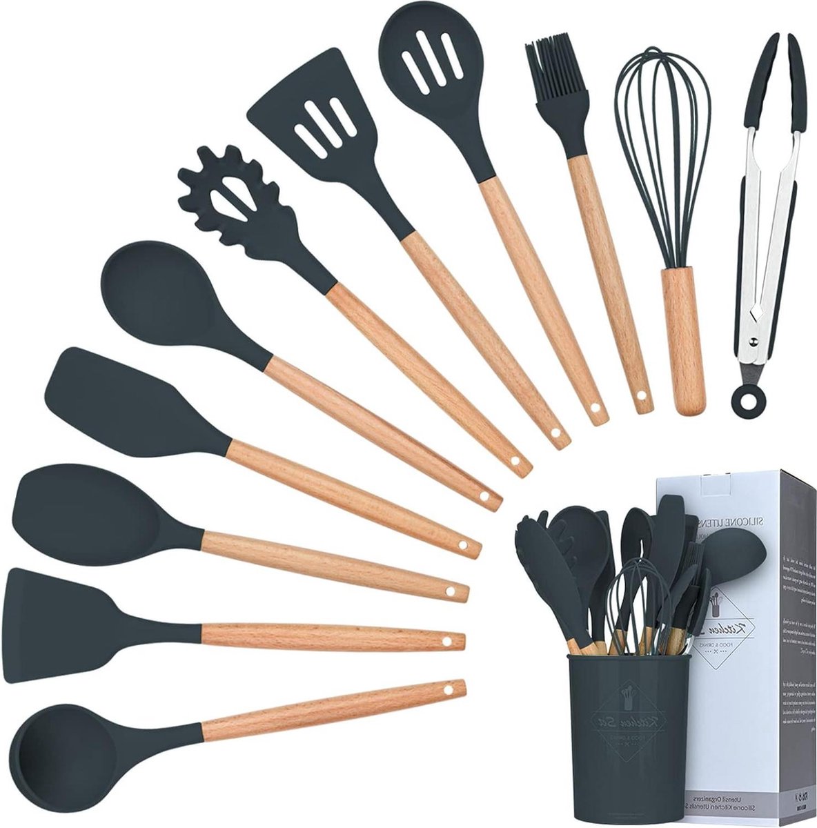 Kookgerei Set 12 Stuks Natuurlijke Houten Handgrepen Siliconen Keukengerei Keukentool Bpa Gratis Niet Giftige Siliconen Turner Tang Spatel Lepel Keukengadgets Gebruiksvoorwerp Grijs Wooden Spoons