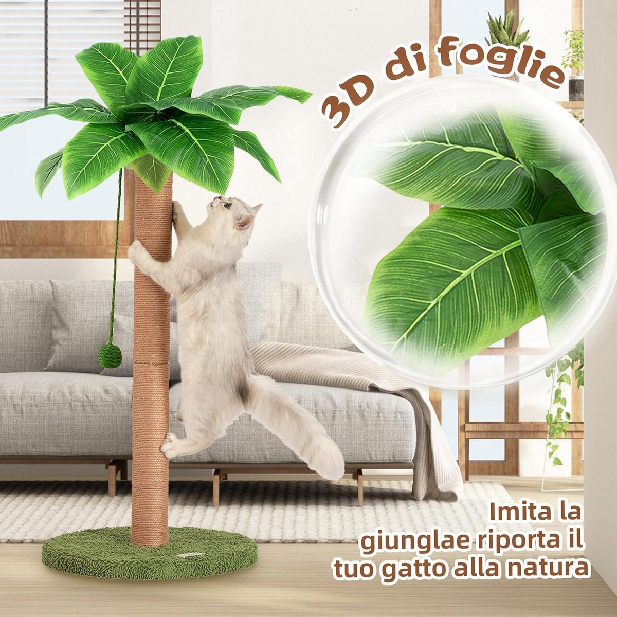 Meowoou 84 cm krabpaal, krabpaal voor katten binnenshuis voor volwassenen en kittens, krabpaal met sisaltouw, schattige hoge krabpaal voor katten met hangende bal