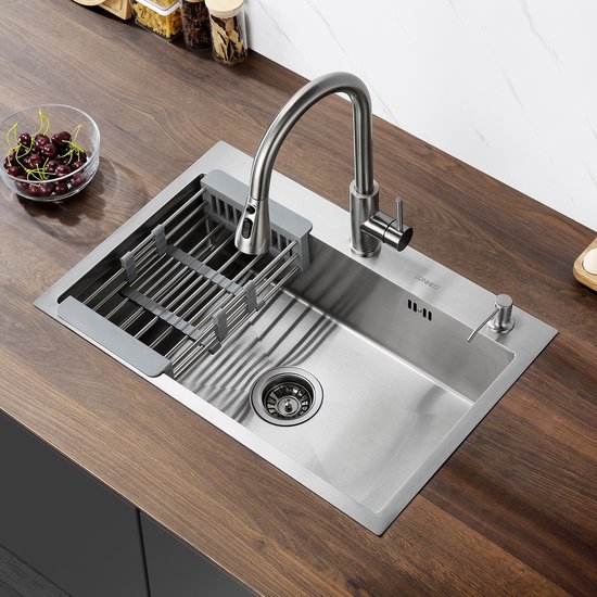 Cecipa Max Keukenspoelbak 1 Kom 40x44cm - RVS Spoelbak Geborsteld Inbouwspoelbak Zwarte Opvouwbare Keukenkraan Opvouwbare Keukenmengkraan Onder Raam