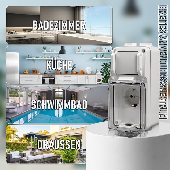 Stopcontact voor buiten, waterdicht, IP66, buitenstopcontact met schakelaar, controlelampje, tuinstopcontact, buitenstopcontact, vochtige ruimtes, opbouwstopcontact, buiten met klapdeksel (binnen een