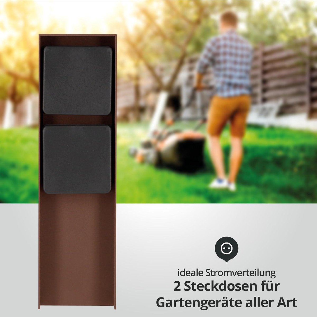 LED Universum - Buitenstopcontact ADAM roestbruin met zwarte deksels, 4 sleuven, gepoedercoat roestvrij staal, bedraad voor het aansluiten van tuingereedschap of verlichting, max. 3680 W