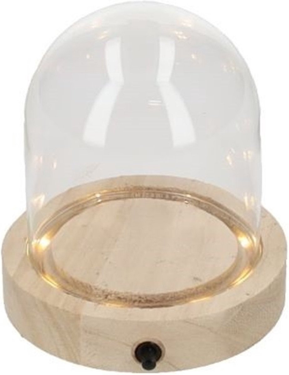 HBX Natural Living Decoratie stolp met LED verlichting - klein - houten plateau - D10 x H12 cm - presentatie stolpen