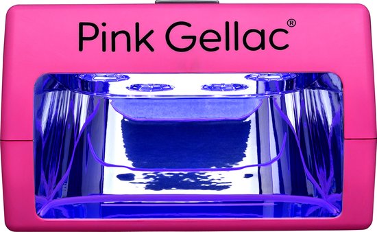 Roze Pink Gellac UV-lamp met blauwe LED-verlichting aan de voorkant, van voren gezien.