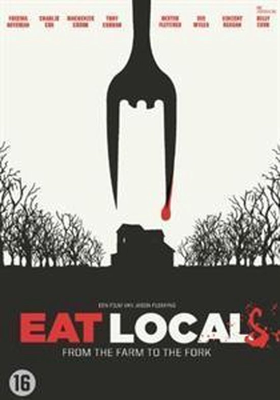 Film 'Eat Local'. Een vork met een bloeddruppel boven een boerderij, omringd door kale bomen. Leeftijdsindicatie 16.