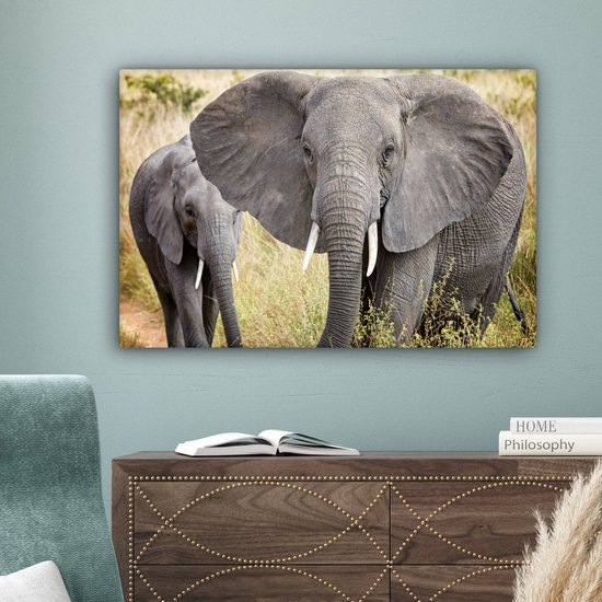 Canvas schilderij 180x120 cm - Wanddecoratie Olifant - Dieren - Gras - Natuur - Muurdecoratie woonkamer - Slaapkamer decoratie - Kamer accessoires - Schilderijen op canvas