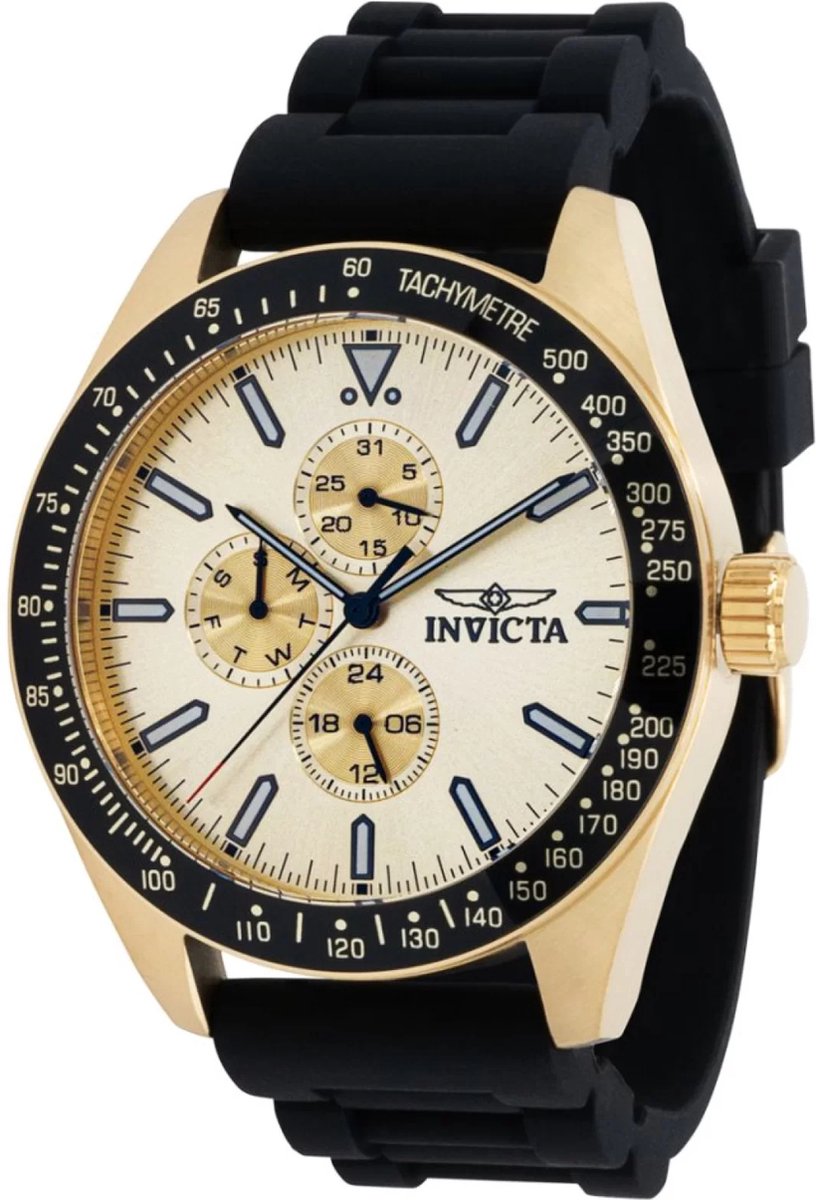 Invicta Aviator 38405 Heren Horloge - Waterdicht - Analoog - Quartz Uurwerk - Roestvrij Staal met gouden Wijzerplaat - 45mm
