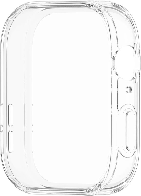 Een lege, transparante beschermhoes voor een smartwatch, in een verticale positie.