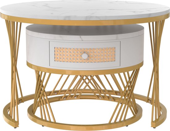 Blanche Salontafel Set Van 2 Ronde Marmeren Salontafels 2-in-1