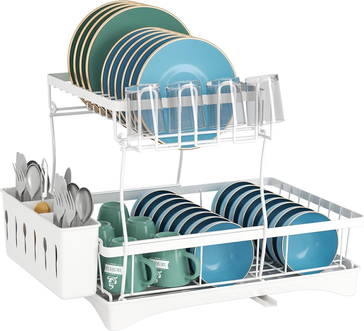 Goedkoopste Kunststof afdruiprek met bestekhouder en lekbak, 2-laags afdruiprek roestvrij staal voor keuken, wit