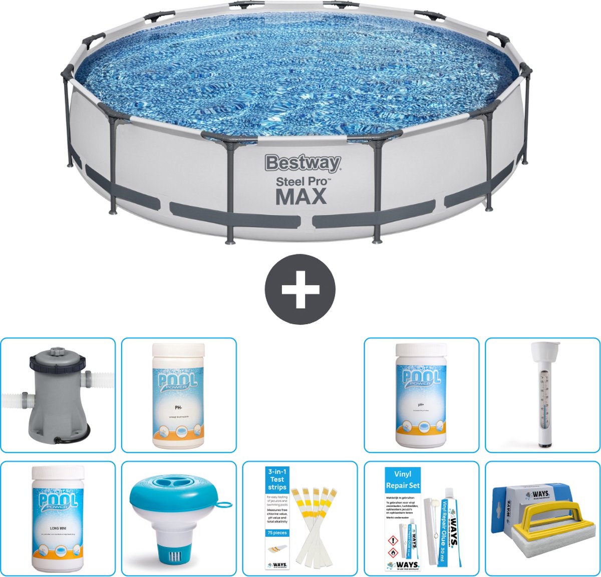 Bestway Rond Steel Pro MAX Zwembad – 366 x 76 cm – Grijs – Inclusief Pomp Chloor – Chloordrijver – Testrips – Reparatiesetje – Scrubborstel – PH-min – PH-plus – Thermometer Bestway Rond Steel Pro MAX Zwembad – 366 x 76 cm – Grijs – Inclusief Pomp Chloor – Chloordrijver – Testrips – Reparatiesetje – Scrubborstel – PH-min – PH-plus – Thermometer