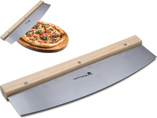 Foto: Grote pizzasnijder roestvrij stalen lemmet professioneel pizzames snijd pizza nauwkeurig masterpro foodies afmetingen 35 x 10 x 2 cm pizza cutter