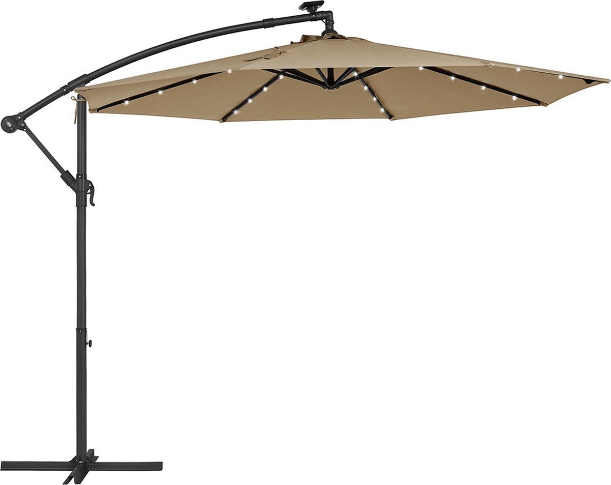 Terrasparasol in taupe met gepoedercoate metalen staaf, 180 g/m2 polyesterweefsel, Ø 3 m, H 2,45 m.