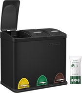 Rootz 3 Compartment Pedal Bin - Recycling Bin - Trash Can - Airtight Seal - Premium Material - Separate Compartments - Practical Handle - Removable Inner Buckets - Wall Mountable - Black - Steel & Plastic - 46.5cm x 29.5cm x (40.5-65)cm