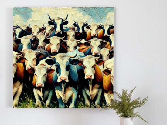 Olieverf koeien schilderij | Majestueuze melkvee schilderij in levendige olieverf landschap weergave | Kunst - 60x60 centimeter op Forex | Foto op Forex