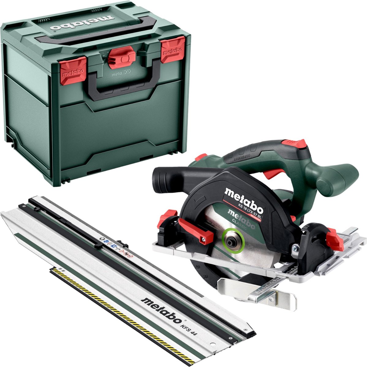 Metabo accucirkelzaag KS 18 LTX 57 BL 18 V 57 mm + KFS 44 afkortzaagrail 440 mm ( 691223000 ) + Metabox - zonder accu, zonder oplader