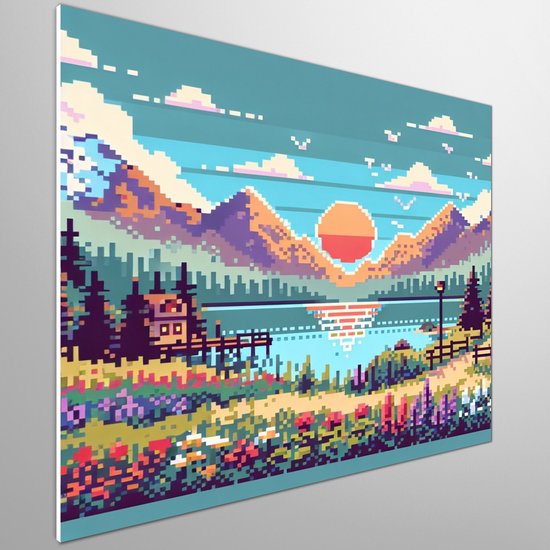 Pixel art landschap schilderij | Digitale pixel pracht: een kleurrijk landschap vol artistieke details | Kunst - 100x100 centimeter op Canvas | Foto op Canvas