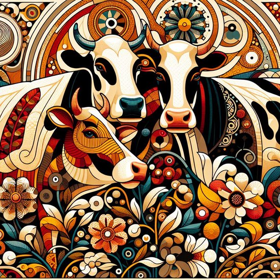 Modern koeien schilderij | Boerse Schatten: Hedendaags Hoornig Meesterwerk vol Melkweg Magie | Kunst - 100x100 centimeter op Canvas | Foto op Canvas