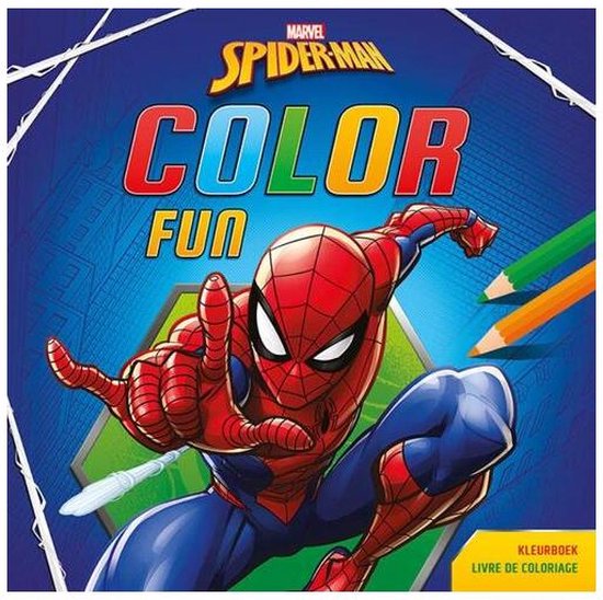 Spider-Man in actie, klaar om te kleuren. "COLOR FUN" staat er op het boek.