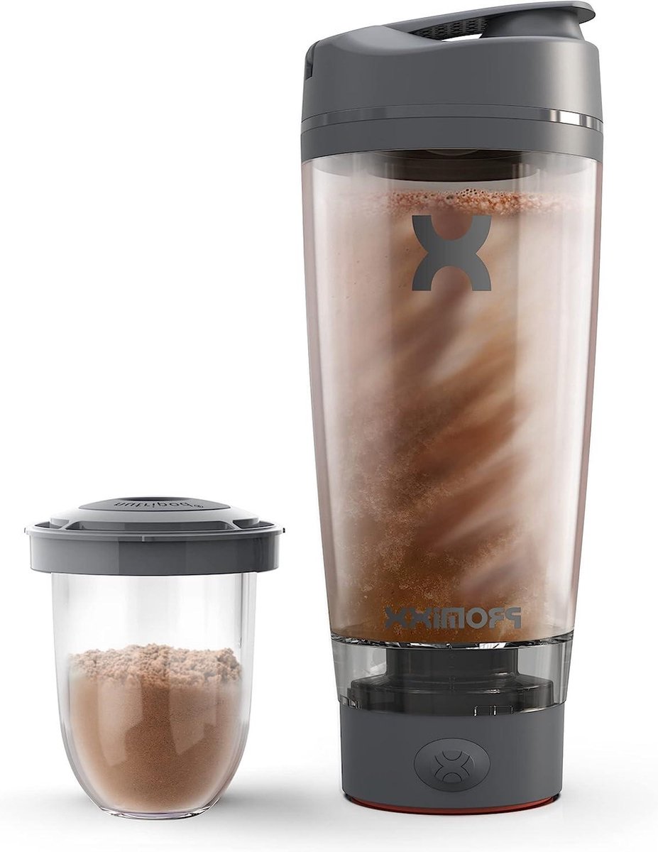 Goedkoopste Oplaadbare PROMiXX Pro Shaker Bottle - Krachtig en gladde proteïne shakes - inclusief supplementopslag - BPA vrij - 600ml - Grafiet Grijs