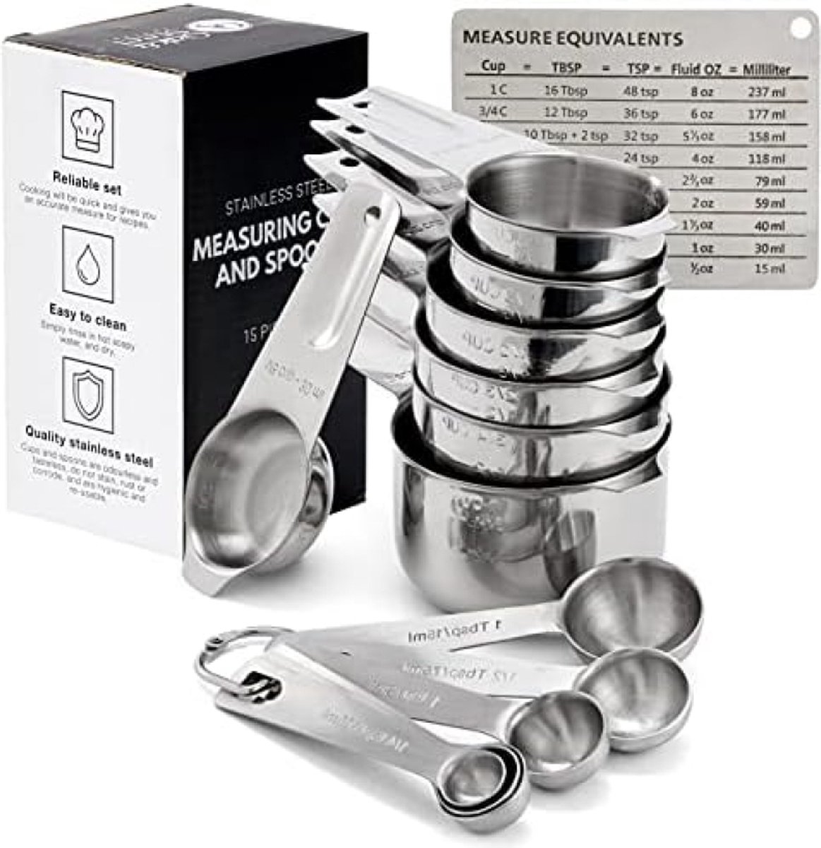 Roestvrijstalen Maatbekers & Maatlepels Set Compleet met Conversietabel Droge & Vloeibare Ingrediënten Koken & Bakken