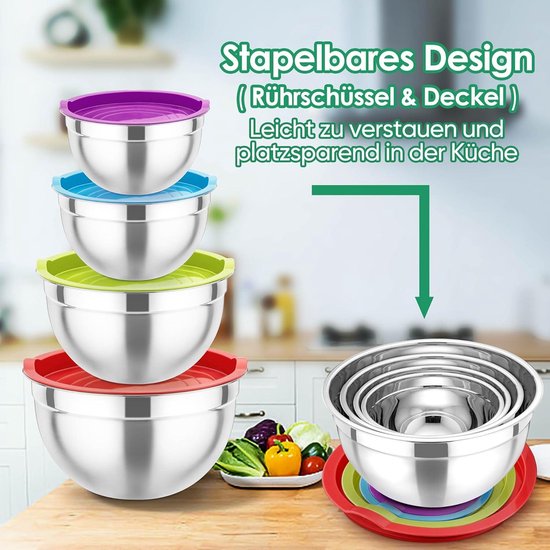 HaWare Mengkommen, 5-delige set, roestvrij stalen kommenset, slakommenset met transparant luchtdicht deksel en 3 raspopzetstukken voor het koken, bakken, 4,5 l/2,8 l/1,5 l/1,2 l/0,7 l