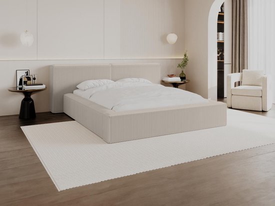 PASCAL MORABITO Bed met opbergruimte 180 x 200 cm - Ribfluweel - Beige + matras - TIMANO L 246 cm x H 90 cm x D 252 cm