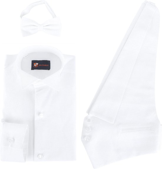 Witte set: smokinghemd, strik, vest en manchetknopen.