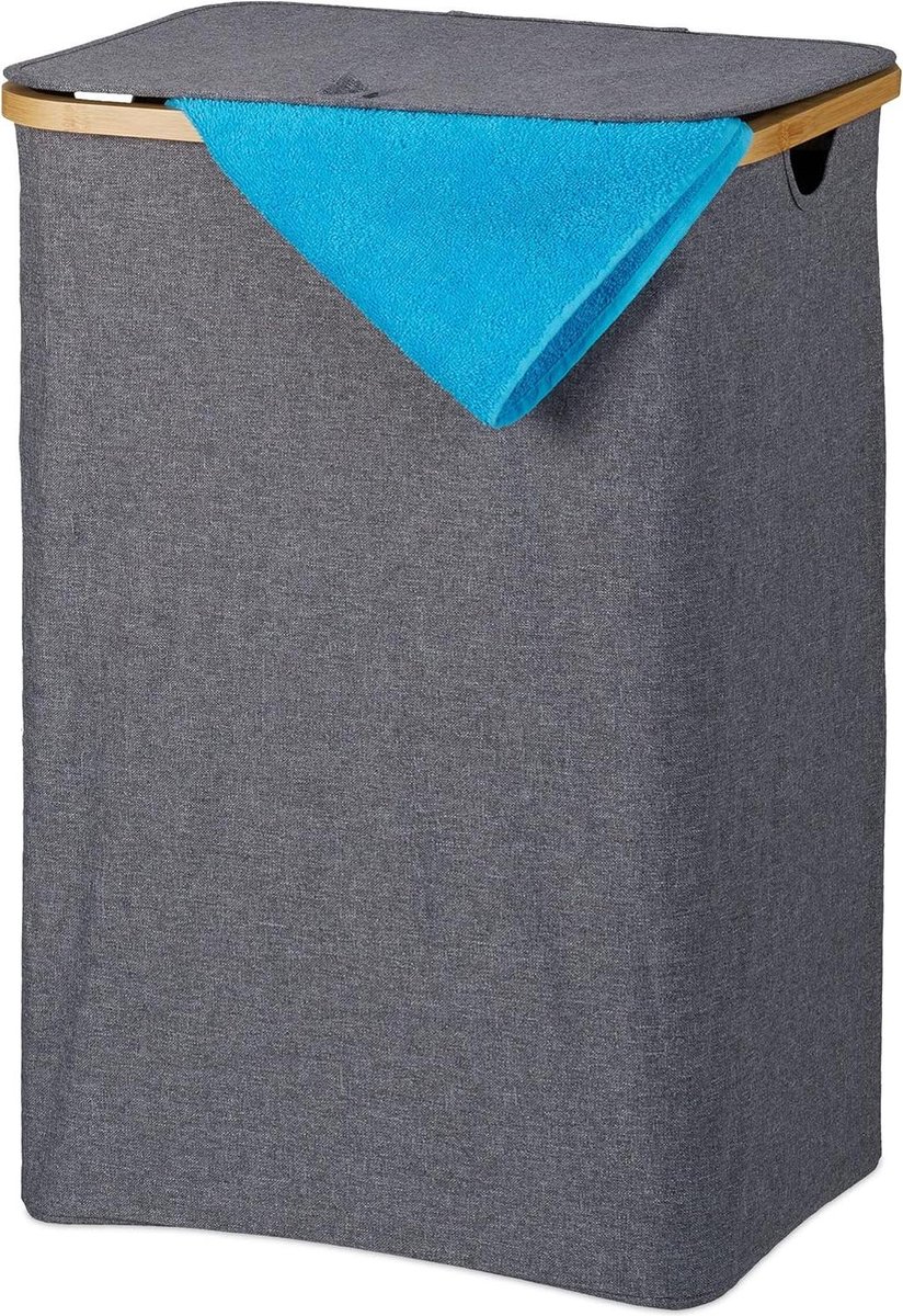 Goedkoopste Wasmand met deksel 100 l - Bamboe & polyester - Draagbaar - Ademende waszak - Grijs/natuur - Voor in de badkamer