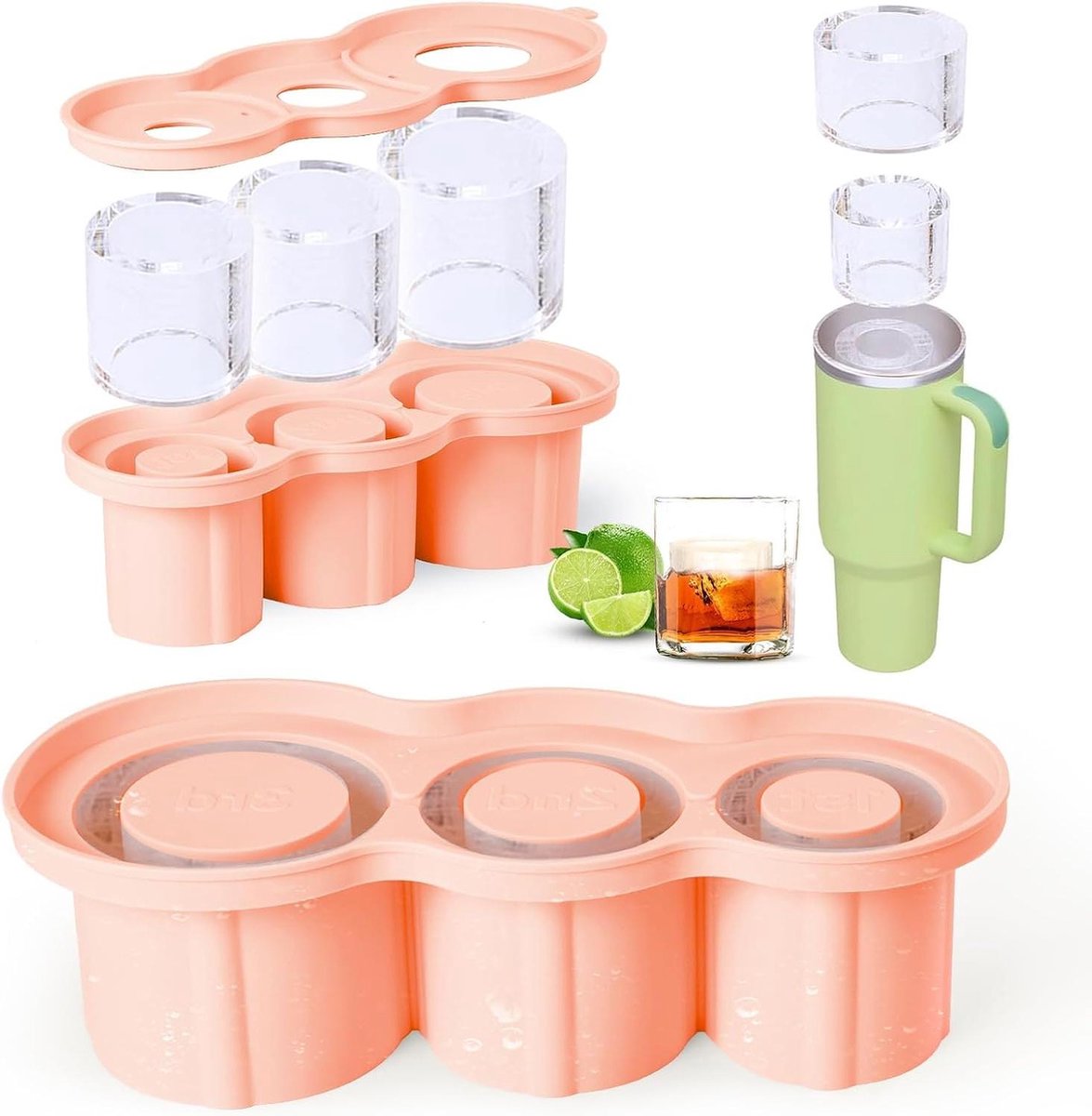 IJsblokjesvorm met deksel en bak - 20-40 oz Stanley Cup - herbruikbaar siliconen - gemakkelijk los te maken - flexibele ijsblokjesbak - vriezer-ijsvormen - drinken koelen - roze