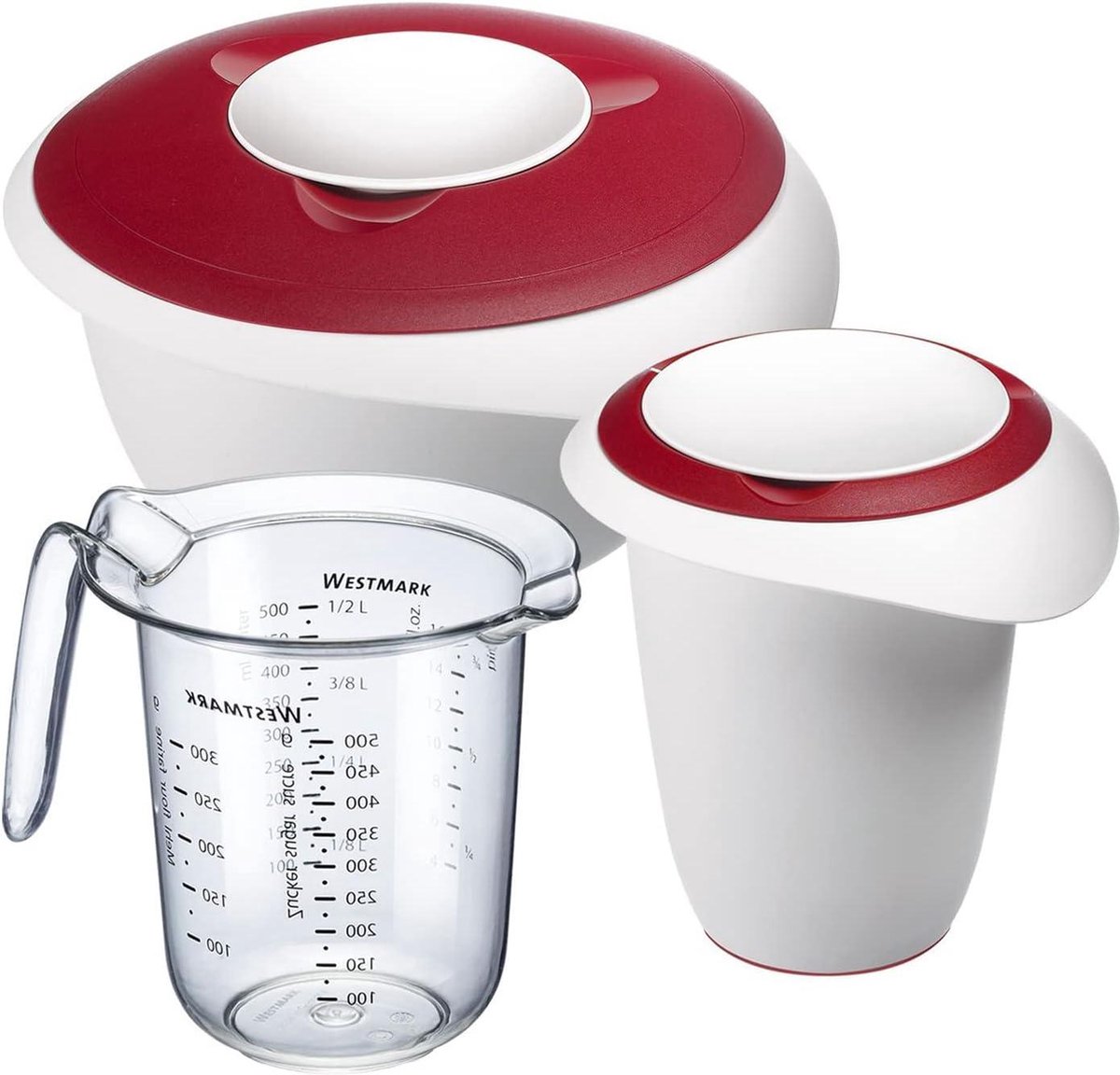 Bakset 3-delig: Mengkom 25l-Gardepot 1l-Maatbeker 1l Wit-Rood-Transparant