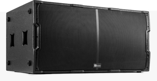 Zwarte dubbele 18-inch subwoofer met mesh grille en handvatten aan de zijkant.