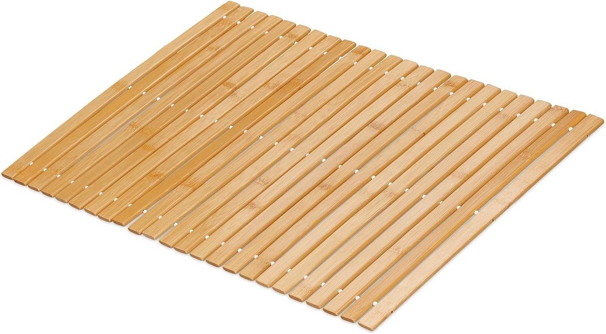 Badmat bamboe 60 x 40 cm antislip douchemat - oprolbaar - houten badkamermat - natuurlijk - saunamat - wit houten