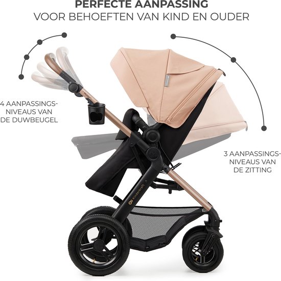 Kinderkraft MOOV 2 AIR - 3-in-1 Kinderwagen - Wandelwagen en kinderwagen - Grote opblaasbare wielen - TRAVEL SYSTEM met MINK PRO i-Size autostoeltje - Kap met UPF50+ filter - Accessoires: bekerhouder, muskietennet, regenhoes, tas voor ouders - Beige van Kinderkraft — afbeelding 3