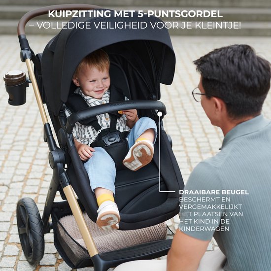 Kinderkraft MOOV 2 AIR - 3-in-1 Kinderwagen - Wandelwagen en kinderwagen - Grote opblaasbare wielen - TRAVEL SYSTEM met MINK PRO i-Size autostoeltje - Kap met UPF50+ filter - Accessoires: bekerhouder, muskietennet, regenhoes, tas voor ouders - Beige van Kinderkraft — afbeelding 5