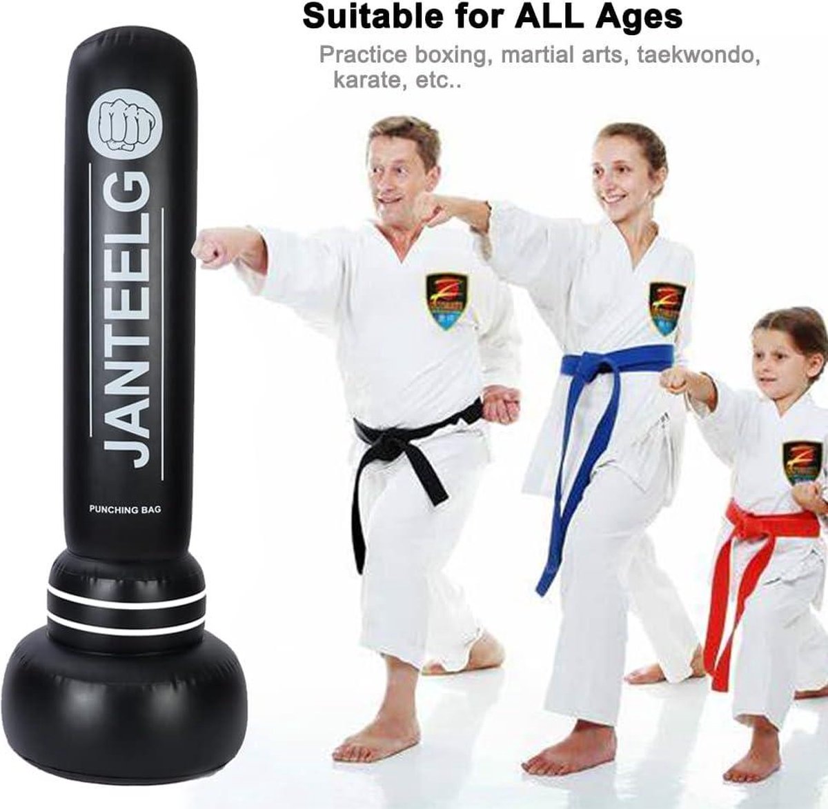 JanTeelGO Bokszak voor kinderen, staand model, voor kinderen en volwassenen, bokszak op voet, 0,4 mm dik pvc, voor karate, taekwondo, MMA, fitness