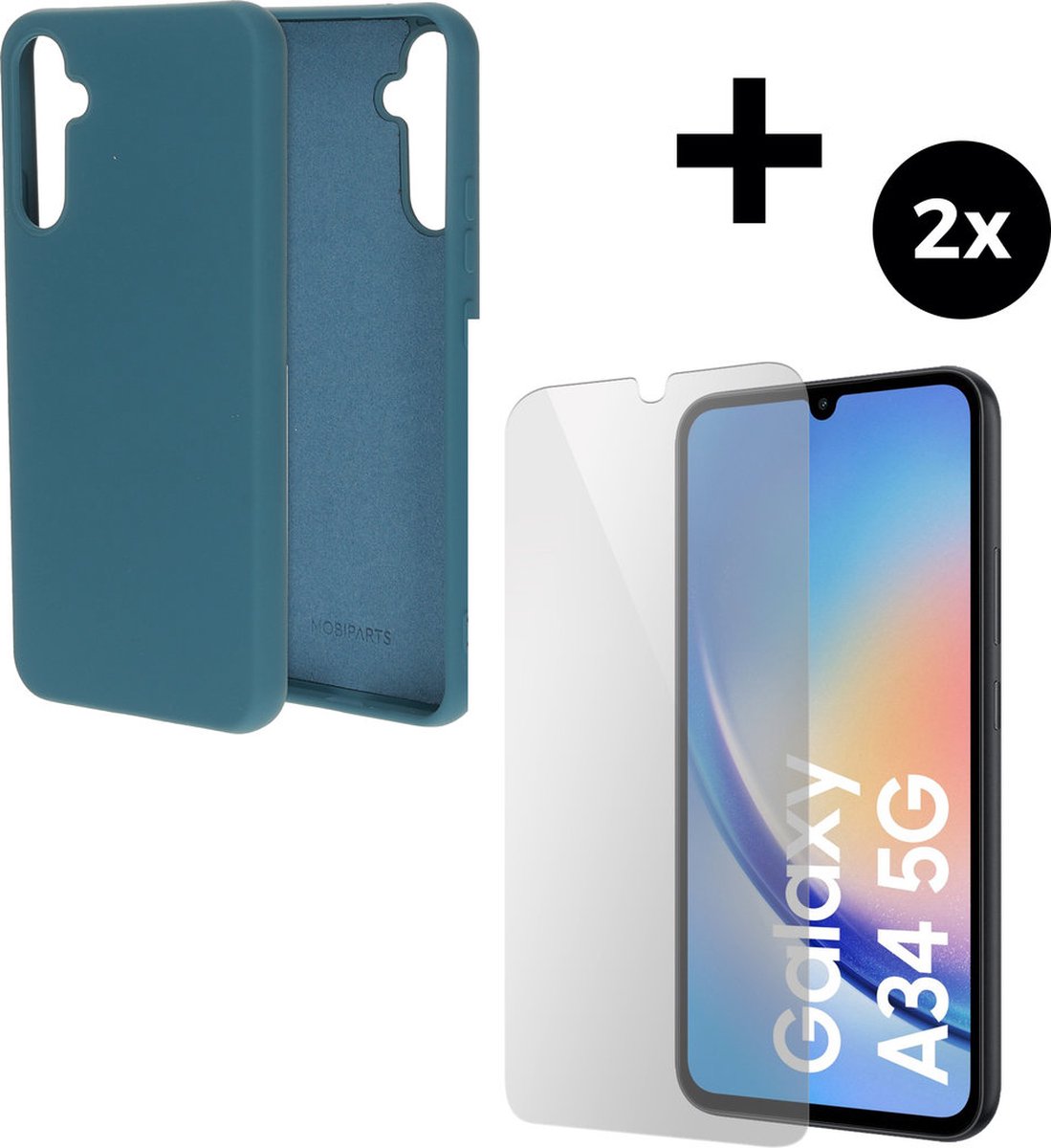 Mobiparts Silicone Cover hoesje geschikt voor Samsung Galaxy A34 (2023) 5G met 2 Screenprotectors van Gehard Glas - Blauw